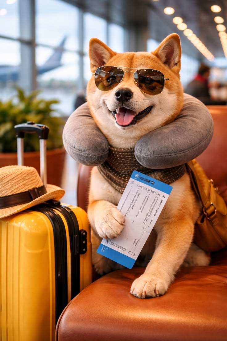 Travel-ready dog with sunglasses, neck pillow and a boarding pass at the airport — Menendez Vet Financial Group is on its way to IVECCS 2026 in Savannah, GA, Booth #1622