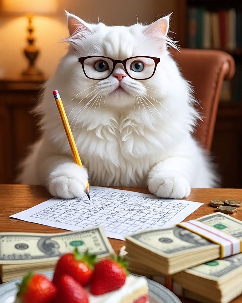 A white cat wearing reading glasses, pencil in paw, working through a hand-drawn ledger at a desk