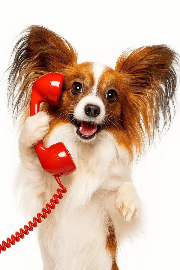 Small dog holding a red telephone handset to its ear.
