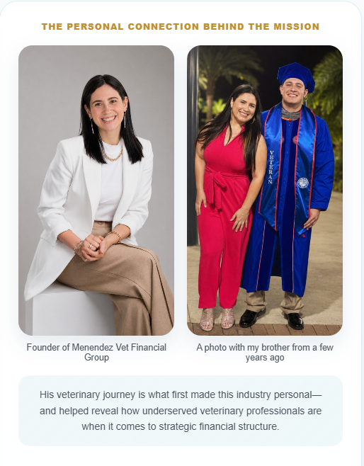 Desiree Menendez, founder of Menendez Vet Financial Group, photographed alongside her brother at his veterinary school graduation.