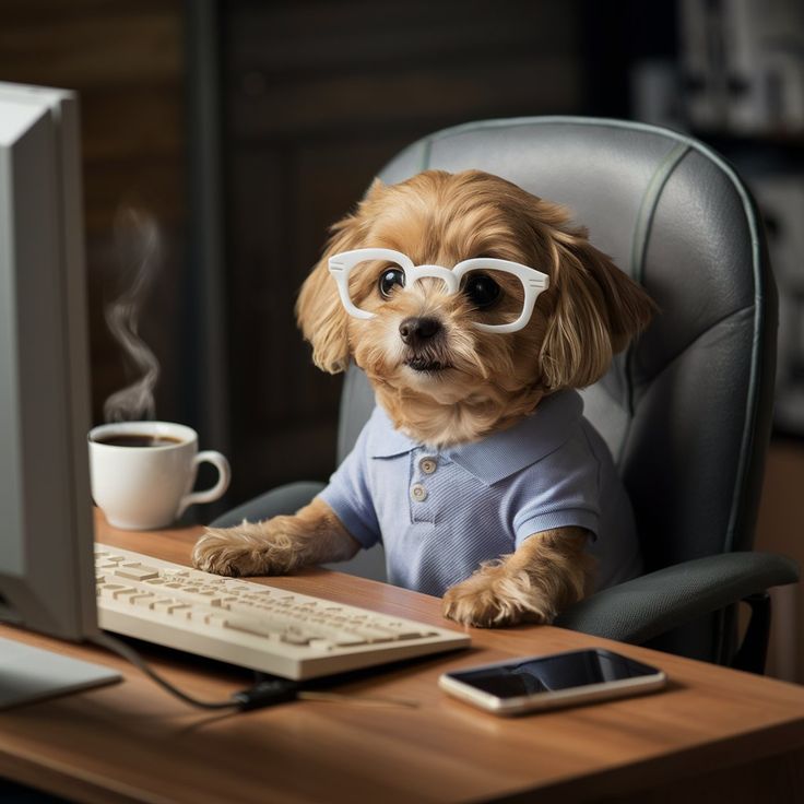 A small dog in a polo shirt at a desk with a keyboard, phone and coffee — the everyday admin behind veterinary income.
