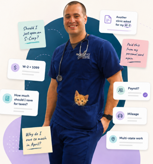 A veterinarian in blue scrubs surrounded by sticky notes, with a kitten tucked in the scrub pocket.
