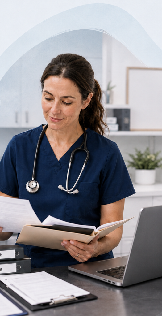 Veterinary professional reviewing practice records and tax planning paperwork at a clinic desk