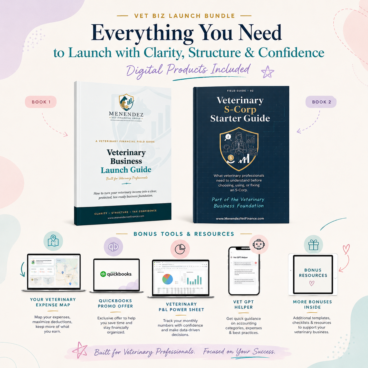 Veterinary Business Launch Bundle: the Veterinary Business Launch Guide and Veterinary S-Corp Starter Guide plus bonus tools including the veterinary expense map, P&L power sheet and Vet GPT Helper.