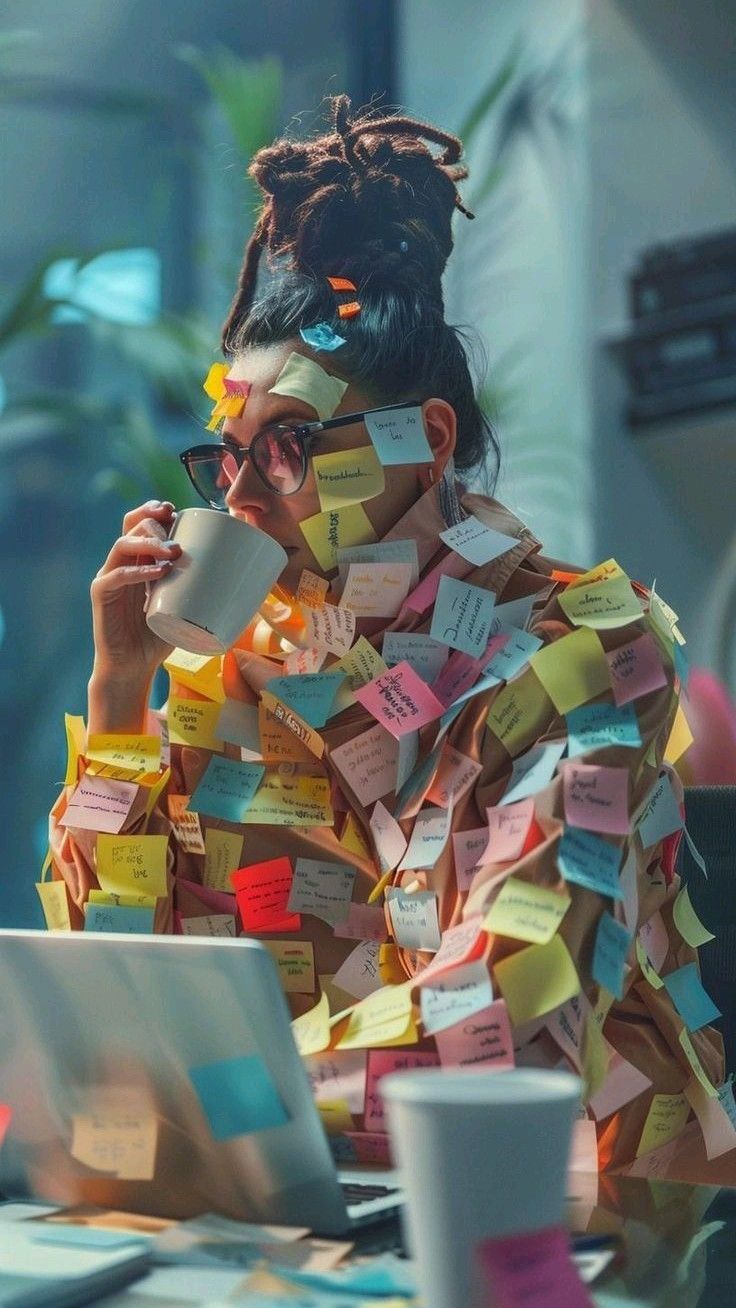 Veterinary professional at a laptop covered in sticky-note reminders while holding a coffee mug