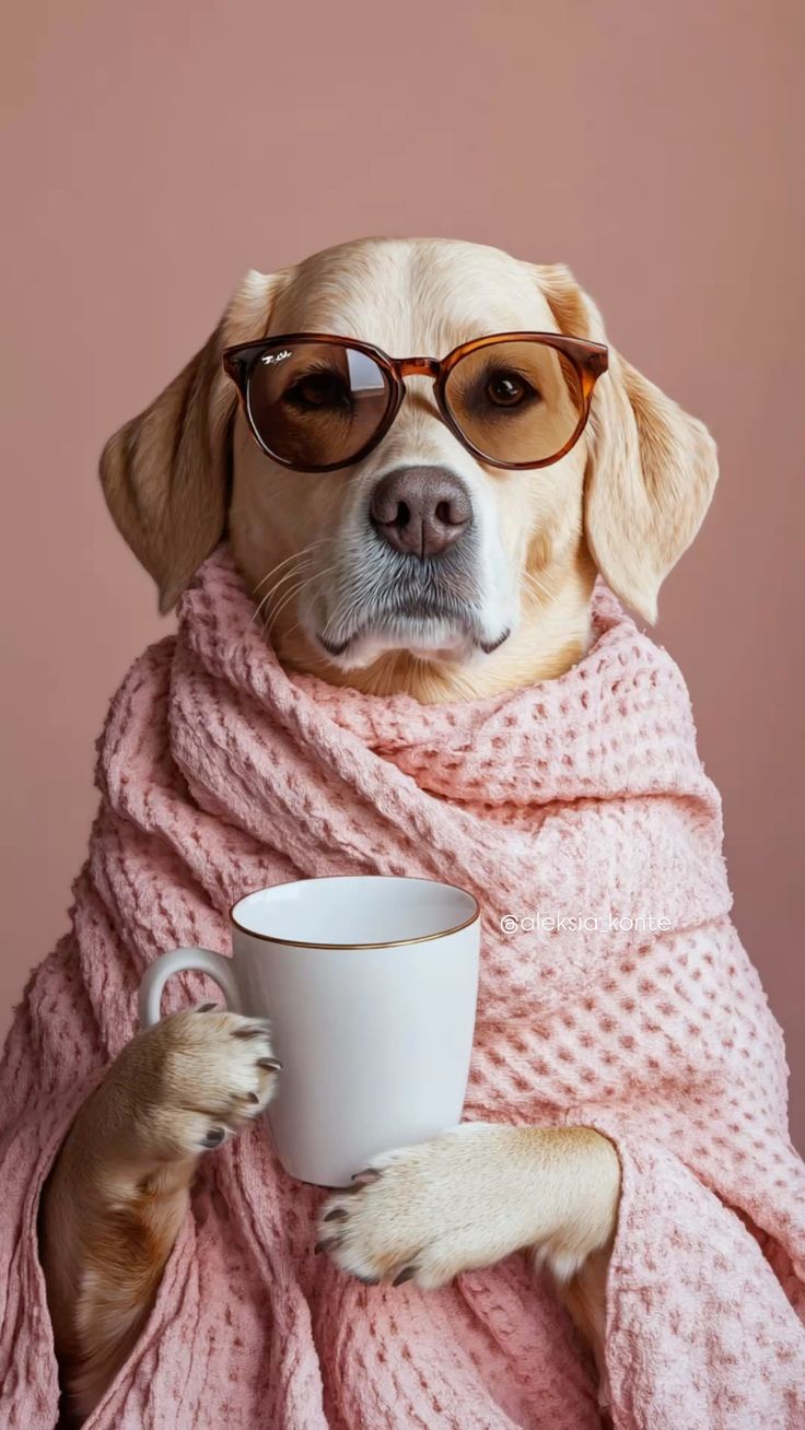 A dog in a soft pink robe and glasses holding a cup of coffee, relaxed and unhurried
