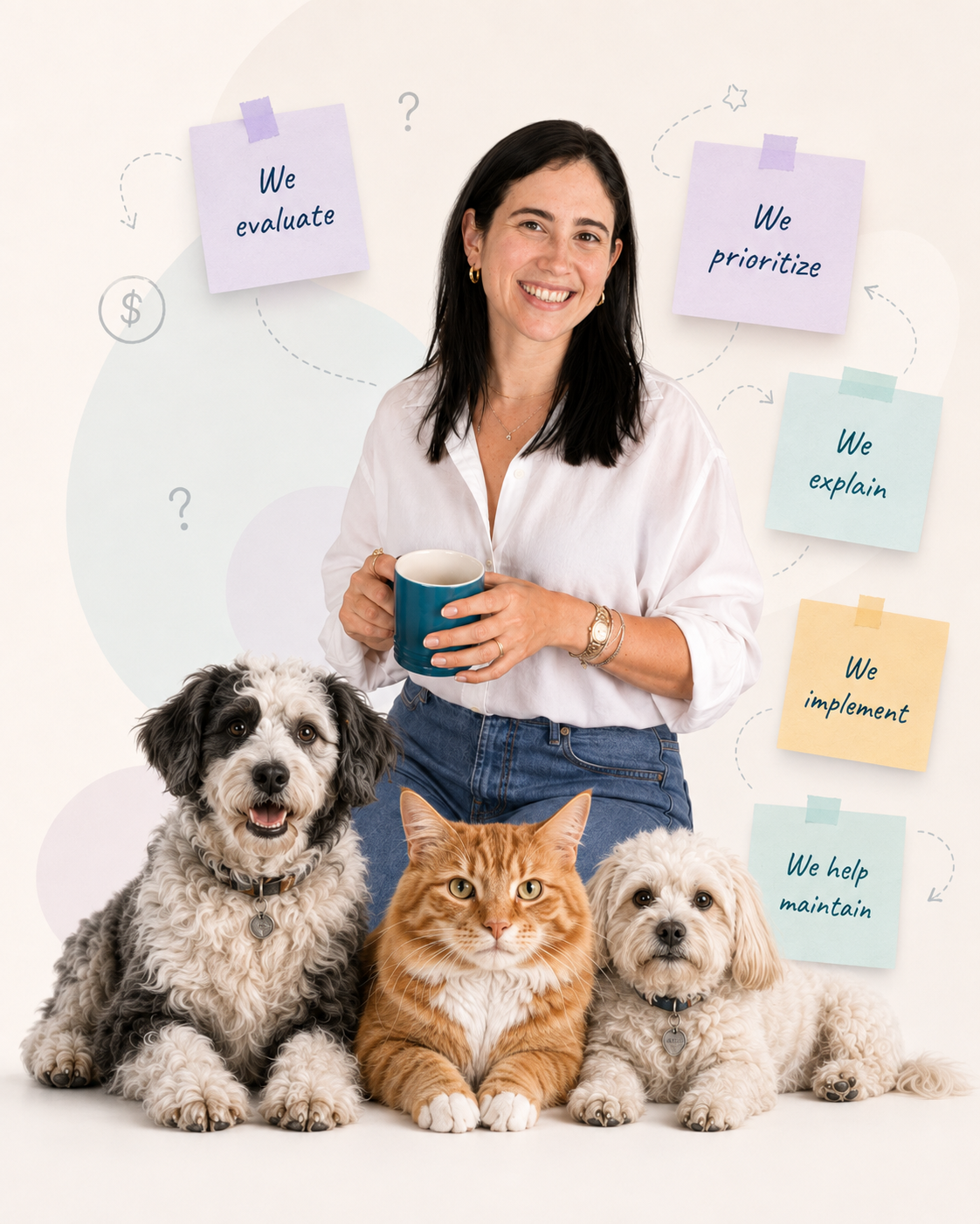 Veterinary professional with pets surrounded by sticky notes describing the Foundation process: evaluate, prioritize, explain, implement, maintain.