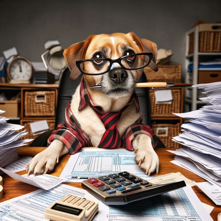 A dog wearing glasses at a desk buried in tax forms, receipts and calculators, looking overwhelmed.